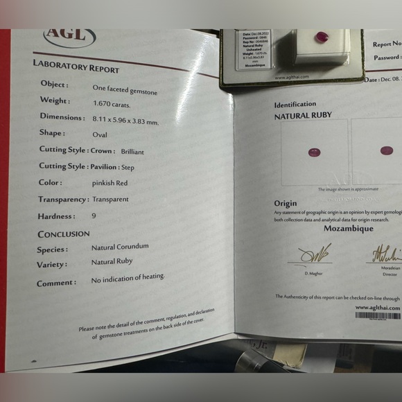 Very Rare 1.67 Carat Ruby, UNHEATED, Natural, Mozambique Ruby, AGL Certified - Picture 2 of 5